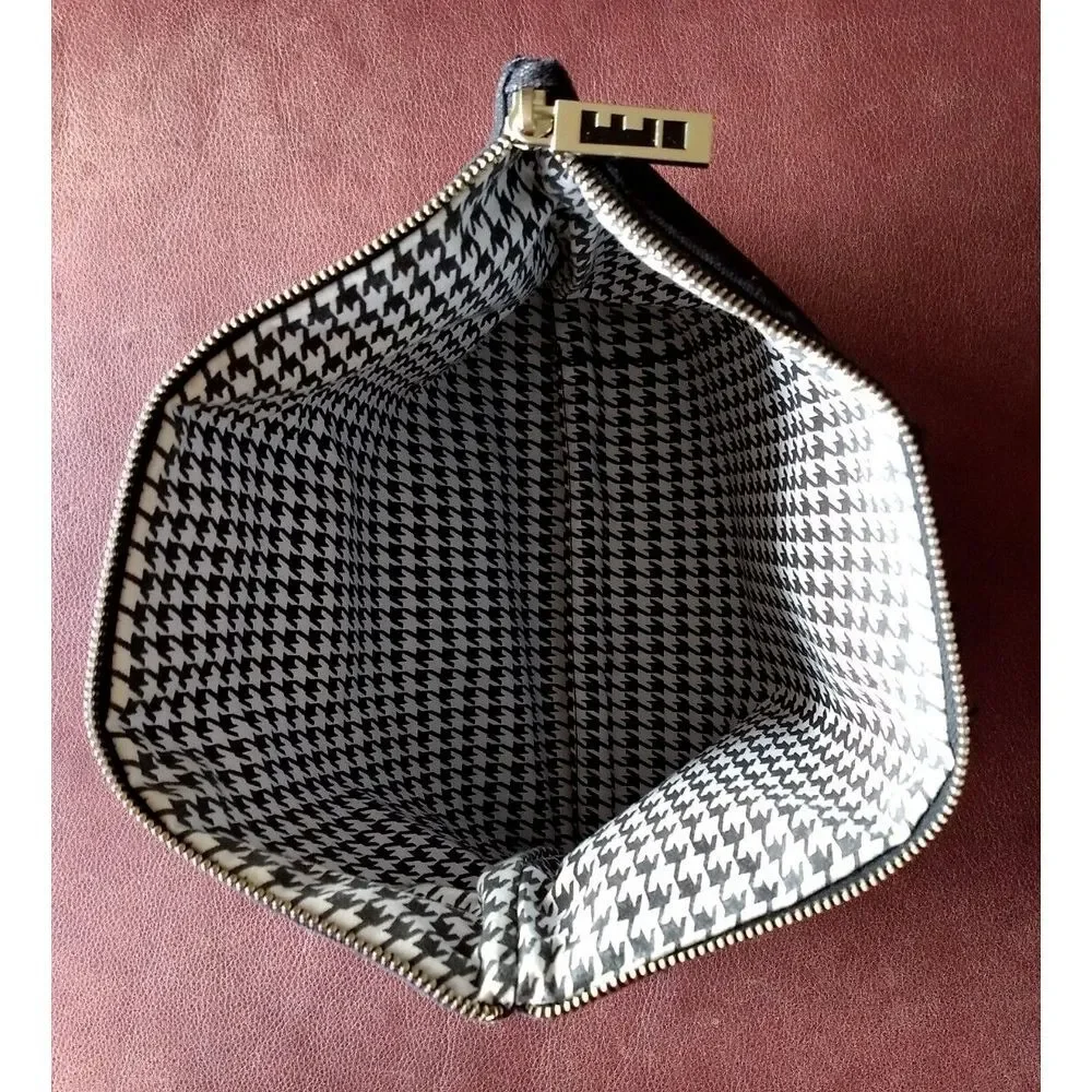 E Cosmetics Black Canvas Zippered Cotton Houndstooth Makeup Toiletry‎ Travel Bag